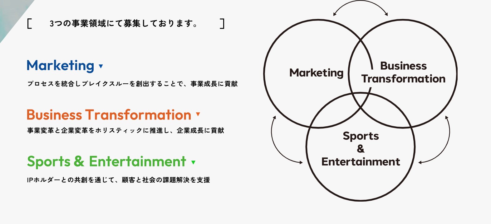 電通キャリア採用の3つの事業領域(Marketing / Business Transformation / Sports & Entertainment)