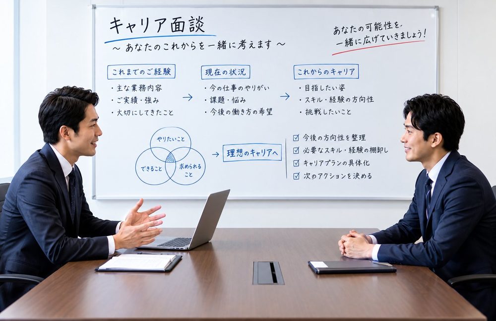 ホワイトボードを使ってキャリア面談を行うエージェントと候補者